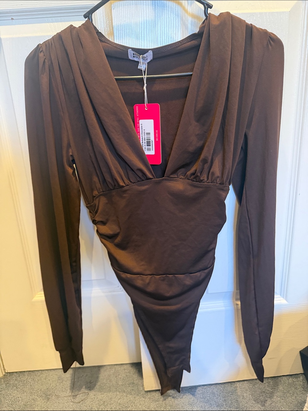 Women's Brown Long-Sleeve V-Neck Bodysuit